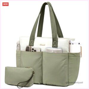 Waterproof Puffer Tote with 8 Pockets & Cosmetic Bag, 15.6" Laptop Compartment
